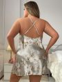 Plus Size Satin Floral Print Cross Strap Backless Cami Nightgown