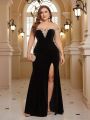 SHEIN Belle Off-shoulder Slit High-low Beaded Embroidery Dress With Velvet V-neck And Satin Ribbon For Women (plus Size, Heavy Duty)