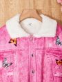 SHEIN Kids KDOMO Tween Girls' Fleece Lined Denim Jacket With Printed Pattern