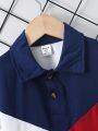 SHEIN Kids SPRTY Boys' Color Block Half Placket Polo Shirt With Buttons
