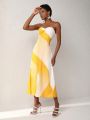 Ishaarah Slim Fit Color Block Strapless Dress With Split Hem
