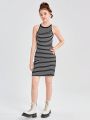 SHEIN Teen Girls' Slim Fit Striped Knit Color-block Sleeveless Dress