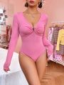 SHEIN Qutie Women'S Stylish Pink Heart Linked Circle V-Neck Long Sleeve Bodysuit