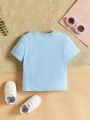 SHEIN Baby Girl Knitted Cartoon Letter Print Short Sleeve T-Shirt With Round Neckline, Suitable For Summer