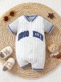 Baby Boy Letter Graphic Striped Trim Button Front Baseball Collar Romper