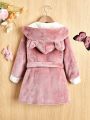 SHEIN Toddler Girls' Knit Patchwork Double-sided Plush Hooded Bathrobe For Autumn And Winter