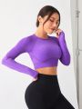 SHEIN Yoga Trendy Women's Seamless Thumb Hole Cut Cropped Long Sleeve T-Shirt - Purple