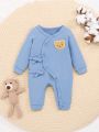 SHEIN Newborn Baby Girl Casual Solid Color Woven Label Detail Tie Front Jumpsuit For Home