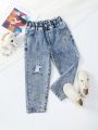Young Girl's Vintage College Style Full Elastic High-Waist Cute Unicorn & Star Embroidery Comfortable Skinny Jeans
