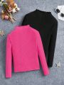 SHEIN Kids HYPEME Tween Girls' Fashionable Street Style Knitted Round Neck Long Sleeve Top, 2pcs/Set