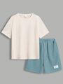 SHEIN Kids EVRYDAY Tween Boys' Casual Vacation Solid Color Short Sleeve T-Shirt And Shorts Set