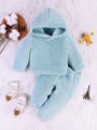 Baby Boy Stylish Thickened Plush Hooded Top And Pants Set For Autumn And Winter