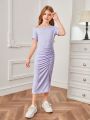 SHEIN Kids CHARMNG Girls' Knit Solid Color Oblique Shoulder Ruched Short Sleeve Bodycon Dress