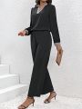 SHEIN LUNE Geometric Printed Splice Top With Asymmetrical Neckline And Long Pants Two Piece Set