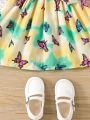 Little Girls' Butterfly Printed Halter Neck Belted Sleeveless Dress
