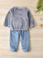 Toddler Boys Cartoon Embroidery Flannel Top & Pants