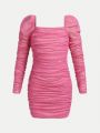 SHEIN Kids Cooltwn Girls' Fashionable Party Knit Solid Color Mesh Yoke A-Line Dress