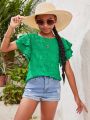 SHEIN Tween Girls' Casual Solid Color Woven Shirt With Ruffle Trimmed Round Neckline For Daily And Home Wear