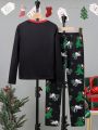 SHEIN Tween Boy 1pc Christmas Print Contrast Binding Tee & 1pc Pants PJ Set