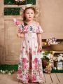 SHEIN Kids SUNSHNE Toddler Girls Floral Print Off Shoulder Ruffle Trim Overlay Romper