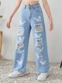 SHEIN Tween Girls' Y2K Spring Summer Boho Trendy Butterfly Print Distressed Denim Jeans Pant With Slanted Pockets,Summer Girls Clothes Outfits
