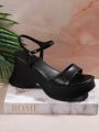 Women's Solid Color Platform Wedge Sandals With Ankle Strap