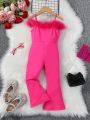 Young Girl Fuzzy Trim Flare Leg Cami Jumpsuit