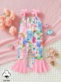 Baby Girl Multicolor Cute Bear Design Jumpsuit With Footies And Bowknot Shoulder Straps