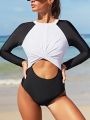 SHEIN Swim SPRTY Women's Color Block Backless One-piece Swimsuit