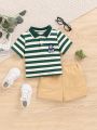 SHEIN Baby Boy's Cute Stripe Short Sleeved Polo Shirt With Bear Embroidery And Shorts Set