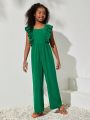 SHEIN Kids Cooltwn Tween Girl's Everyday Casual Solid Color Woven Jumpsuit With Ruffle Trim
