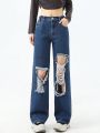 Teen Girl Ripped Cut Out Straight Leg Jeans