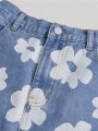 SHEIN Teen Girl's Casual Mid-Waist Denim Skirt With Integrated Flower Print