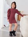 SHEIN Kids Y2Kool Little Girls' Everyday Sweet Cool Knitted Solid Color Round Neck Long Sleeve Dress
