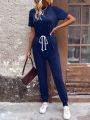 Solid Color Short Sleeve Jumpsuit With Waist Tightening Design
