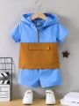 SHEIN Kids Cooltwn Little Boys' Color Block Short Sleeve Hooded Top And Shorts Two Pieces Set