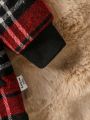 Baby Boys' British Style Checkered Coat, Horn Button, Zipper, Plush Hoodie, Thick, Long, Cute, Casual, Street Style, Winter