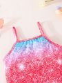 SHEIN Kids QTFun Little Girls' Unicorn Printed Glitter Effect Sleeveless Dress