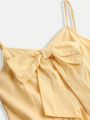 SHEIN Teen Girl's Sweet Bowknot Decor Waistline Empire Royal Style Vacation Mid-Length Strap Dress