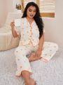 Plus Size Comfortable Loose Fit Floral Print Colorblock Pajama Set With Contrast Trim