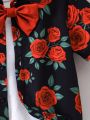 SHEIN Kids EVRYDAY Toddler Boys' Gentleman Elegant Rose Flower & Bow Tie Collar All-match Fashion Shirt