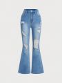 SHEIN Teen Girls High Waist Bleach Washed Ripped Slant Pocket Flare Leg Jeans,Kids Spring And Summer Pants