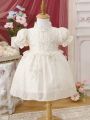 Baby Girls' Solid Color Sweet Bubble Short Sleeve Dress With Lace Decoration For Summer