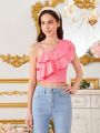 Teen Girls' Casual Romantic Ruffle Trimmed Cropped T-Shirt
