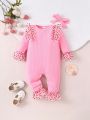 Baby Girls' Mesh Splicing Romper With Headband For Spring And Autumn, Comfortable, Cute, Gorgeous, Romantic And Fashionable