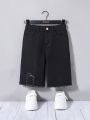 SHEIN Tween Boys'Black  Casual Loose Ripped Straight Leg Denim Shorts,For Summer Tween Boys' Outfits