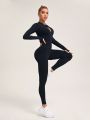 Solid Color Half Zipper Long Sleeve Jumpsuit For Sports