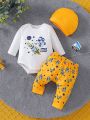 SHEIN 3pcs/Set Baby Boys' Casual Astronaut Printed Long-Sleeved T-Shirt, Pants And Hat Outfits, Fall/Winter