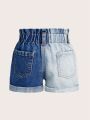 SHEIN Young Girls' Stylish And Novel Water Wash Denim Shorts, Casual Deep And Light Color