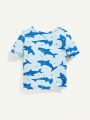 Cozy Cub Baby Boy Snug Fit Pajama Set With Cartoon Shark Print, Including Short Sleeve Top And Shorts (4Pcs/Set) Matching Sets